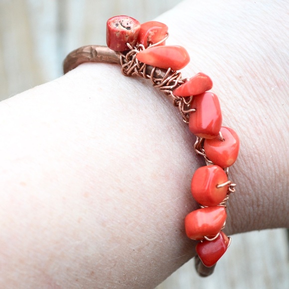 Red Coral Copper Wire Wrapped Solid Cuff Bracelet Handmade Boho  Gift Hippie - Picture 4 of 7